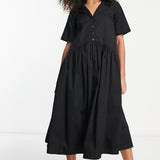 Asos Design Twill Collared Button Midi Smock Dress In Black