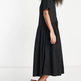 Asos Design Twill Collared Button Midi Smock Dress In Black