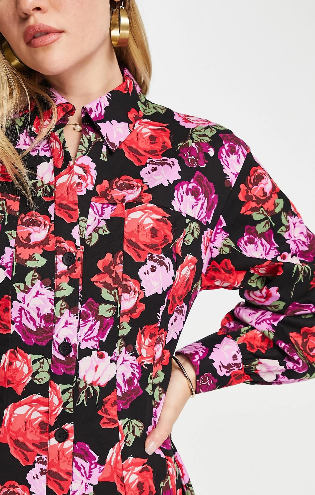 Asos Design Twill Flippy Mini Shirt Dress In Rose Print – dresses by ASOS DESIGN, available to rent from Hirestreet