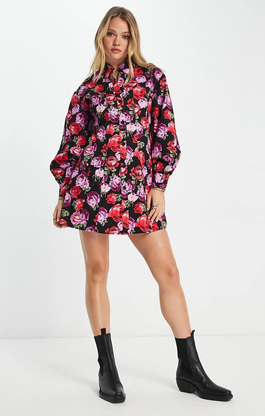Asos Design Twill Flippy Mini Shirt Dress In Rose Print – dresses by ASOS DESIGN, available to rent from Hirestreet