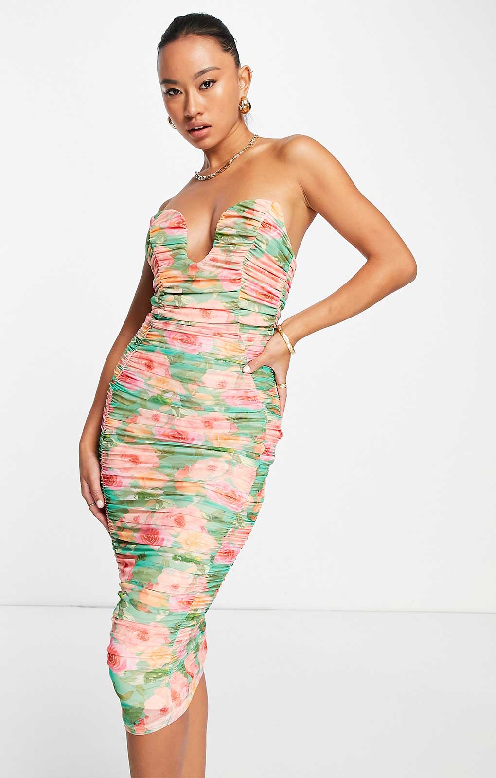 Asos Design U Wire Bandeau Ruched Midi Dress In Floral