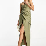 Asos Design Washed Cami Midi Dress With Drape Skirt In Green