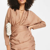 Asos Design Washed Twist Front Long Sleeve Mini Dress With Ruching In Camel product image