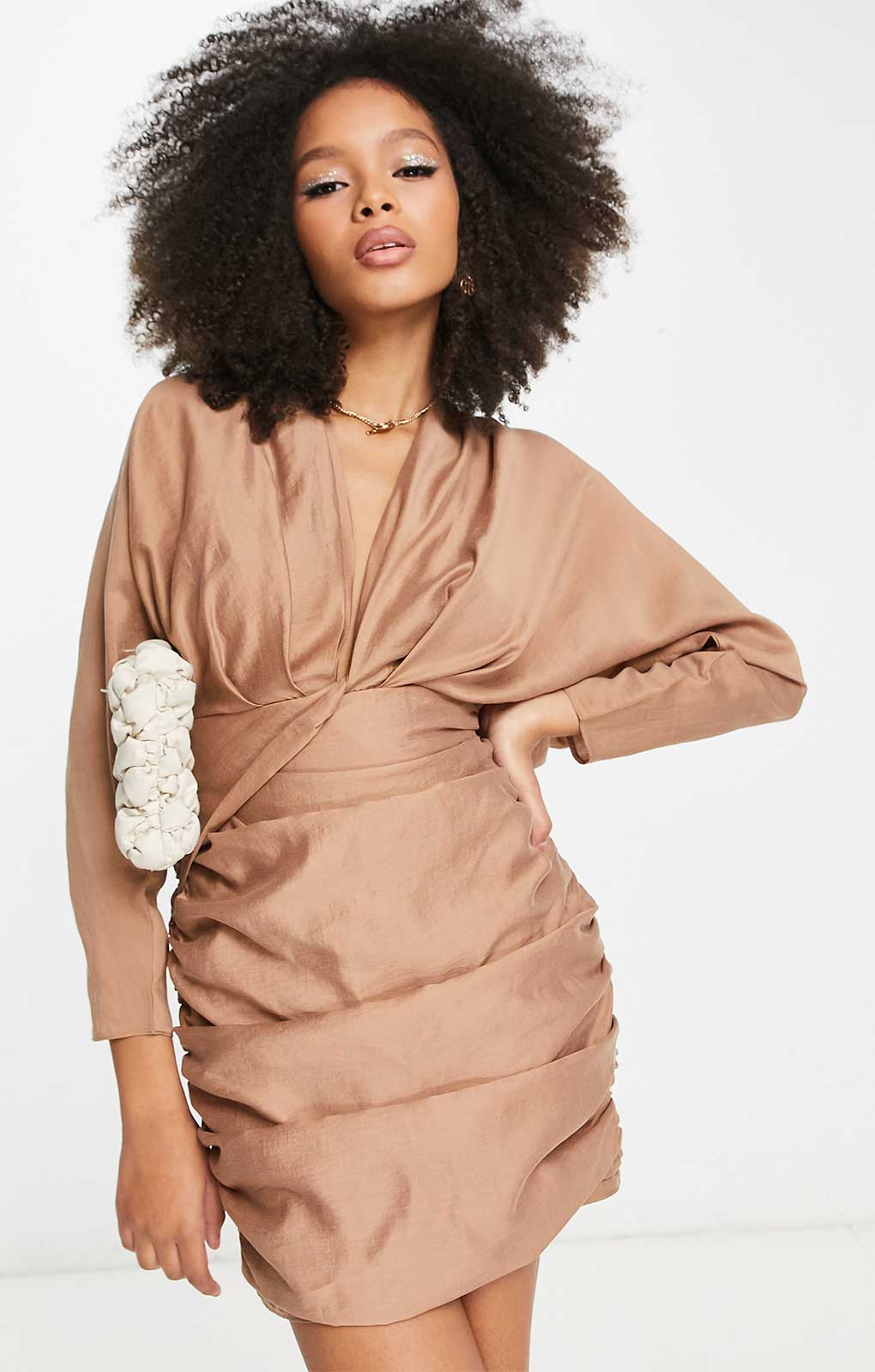 Asos Design Washed Twist Front Long Sleeve Mini Dress With Ruching In Camel product image