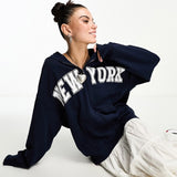 Asos Design Zip Through Hoodie With New York Graphic In Navy