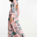Asos Edition Blouson Sleeve Floral Embroidered Maxi Dress With Open Back In Light Pink