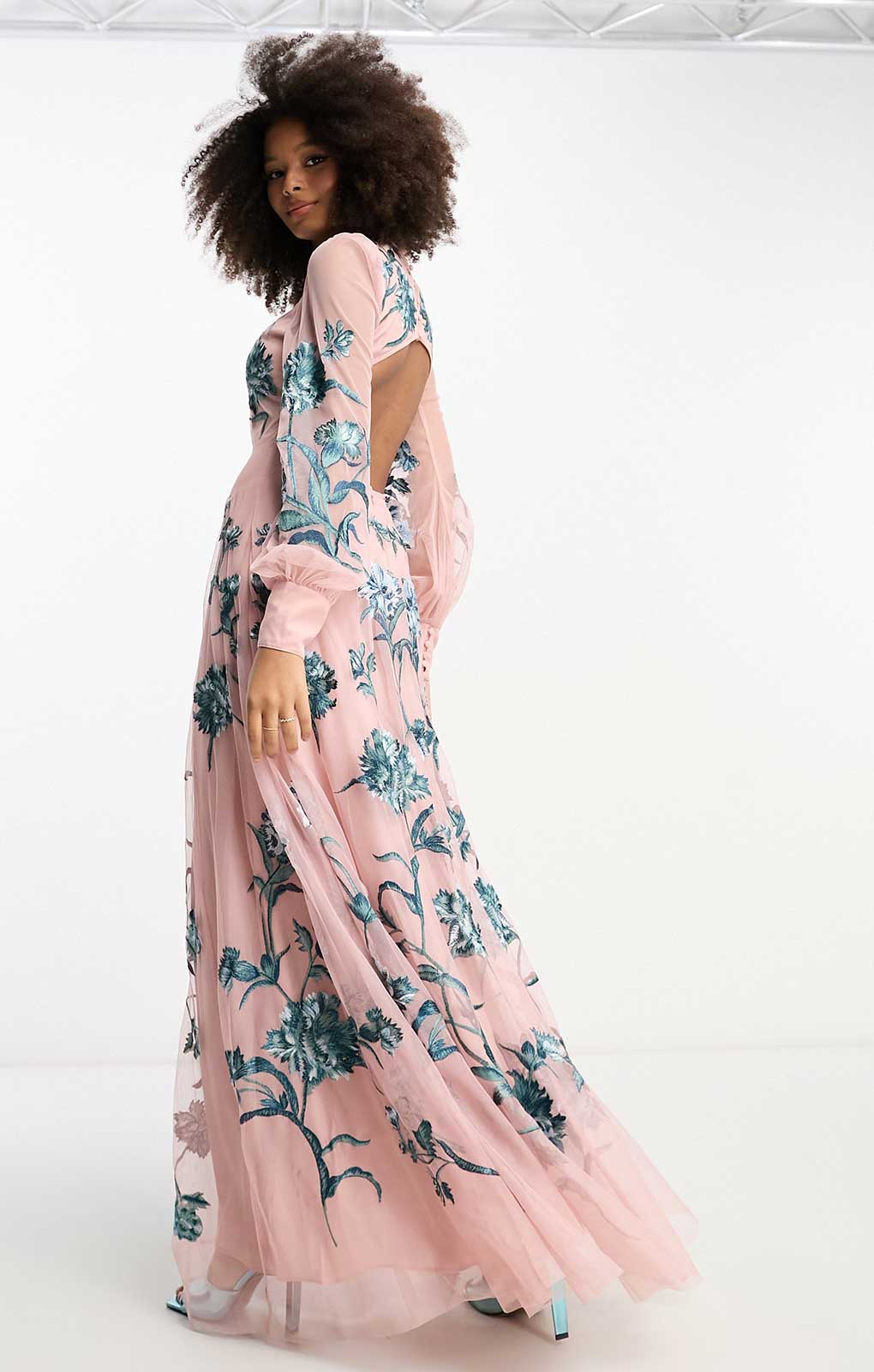 Asos Edition Blouson Sleeve Floral Embroidered Maxi Dress With Open Back In Light Pink