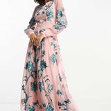 Asos Edition Blouson Sleeve Floral Embroidered Maxi Dress With Open Back In Light Pink