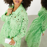 Asos Broderie Drawstring Long Sleeve Midi Shirt Dress In Bright Green
