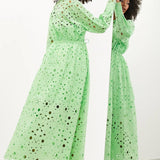 Asos Broderie Drawstring Long Sleeve Midi Shirt Dress In Bright Green