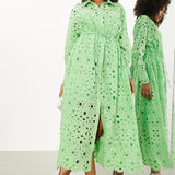 Asos Broderie Drawstring Long Sleeve Midi Shirt Dress In Bright Green