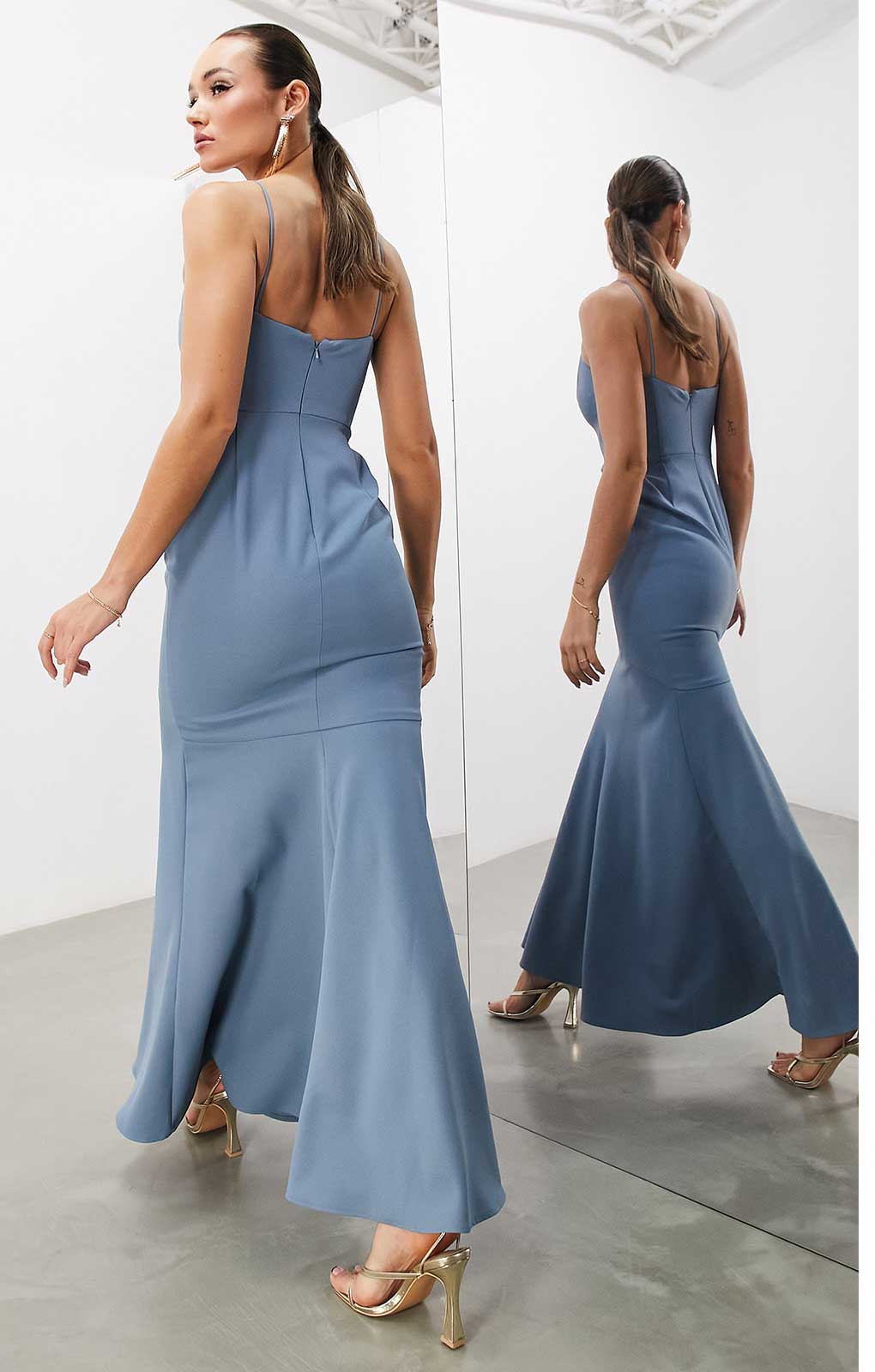 Asos Edition Crepe Strappy Fishtail Maxi Dress In Dusky Blue