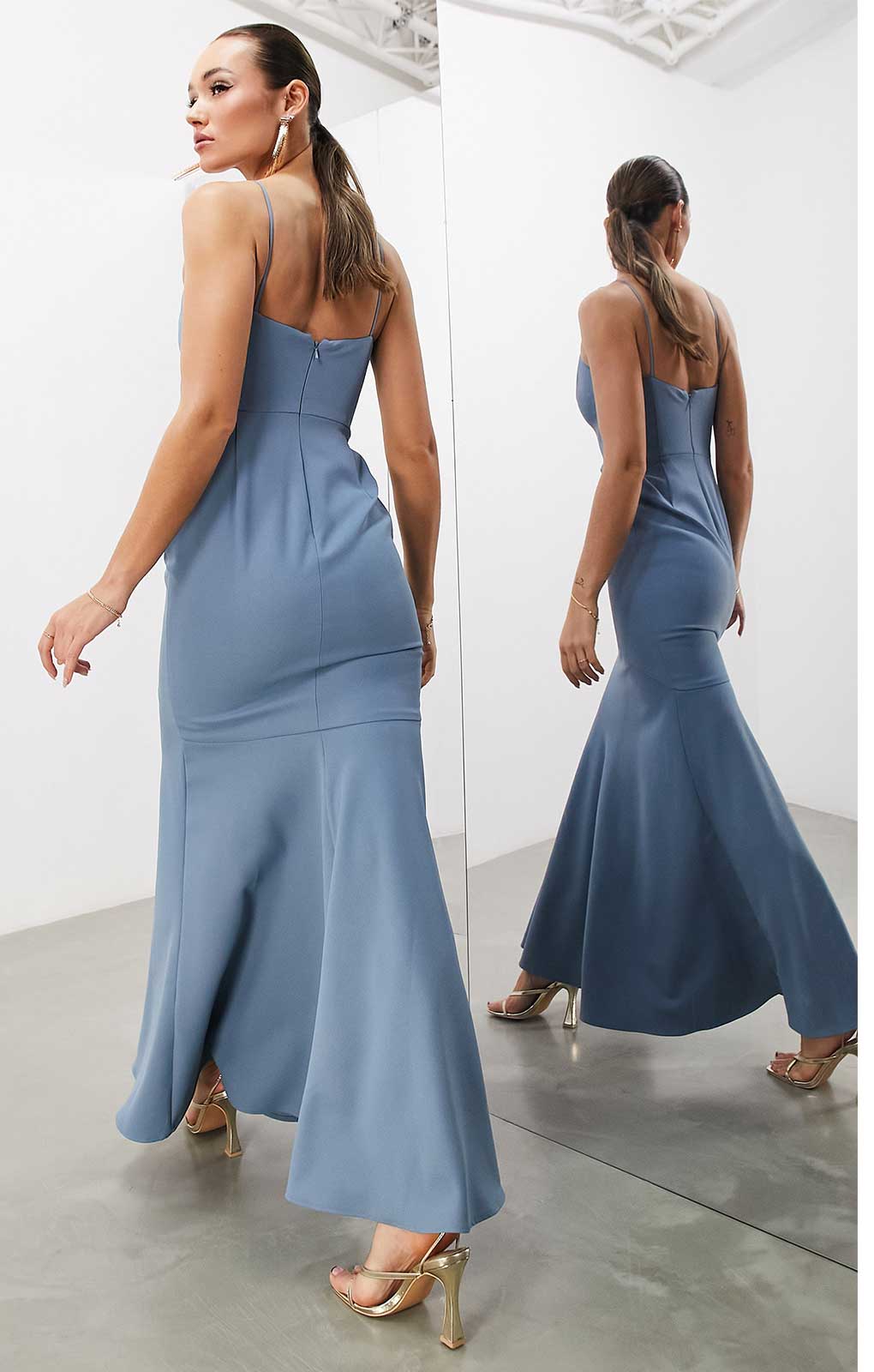 Asos Edition Crepe Strappy Fishtail Maxi Dress In Dusky Blue product image