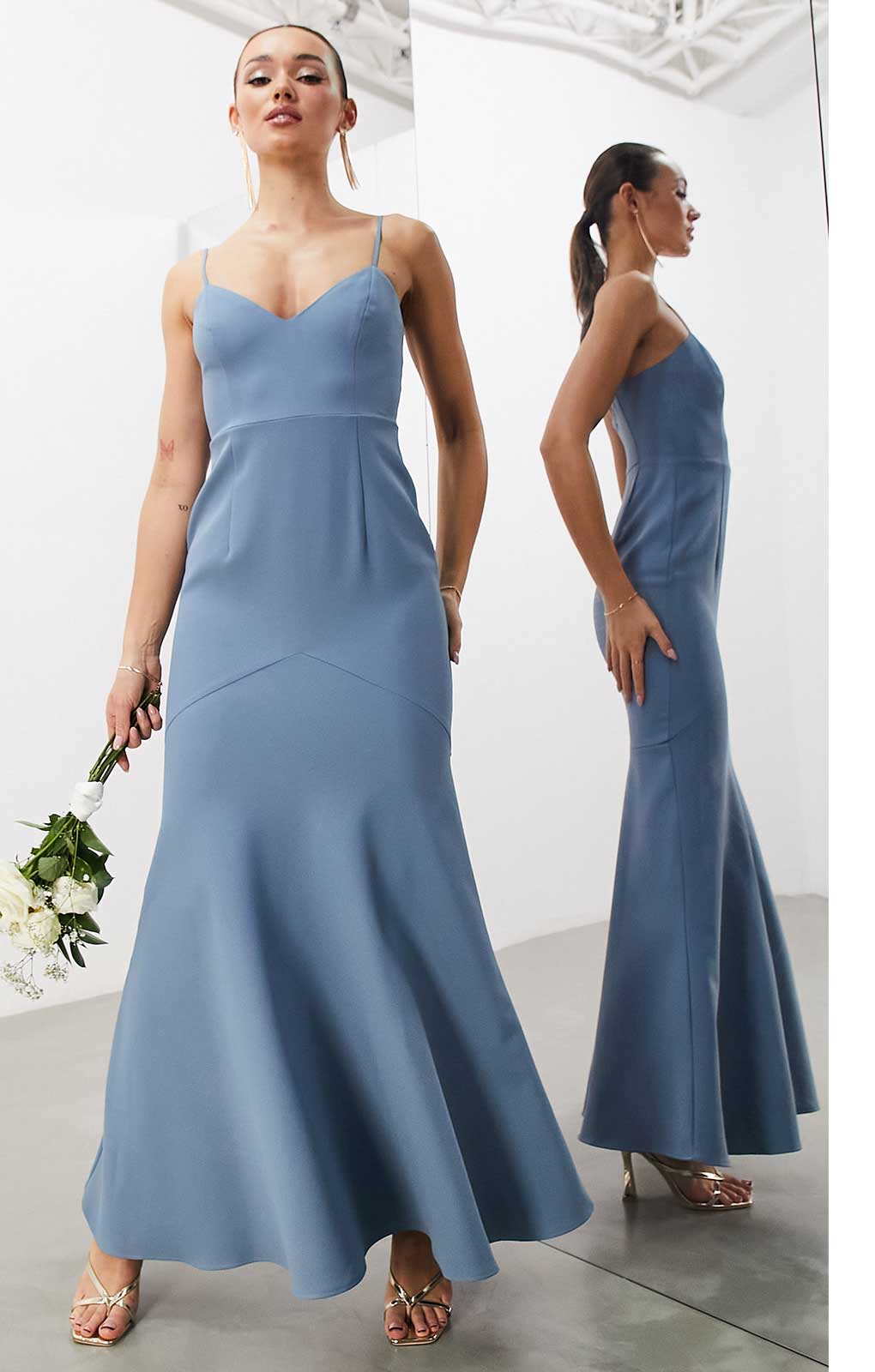 Asos Edition Crepe Strappy Fishtail Maxi Dress In Dusky Blue product image