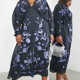 Asos Edition Curve Batwing Chiffon Midi Dress With Floral Embroidery In Petrol Blue product image