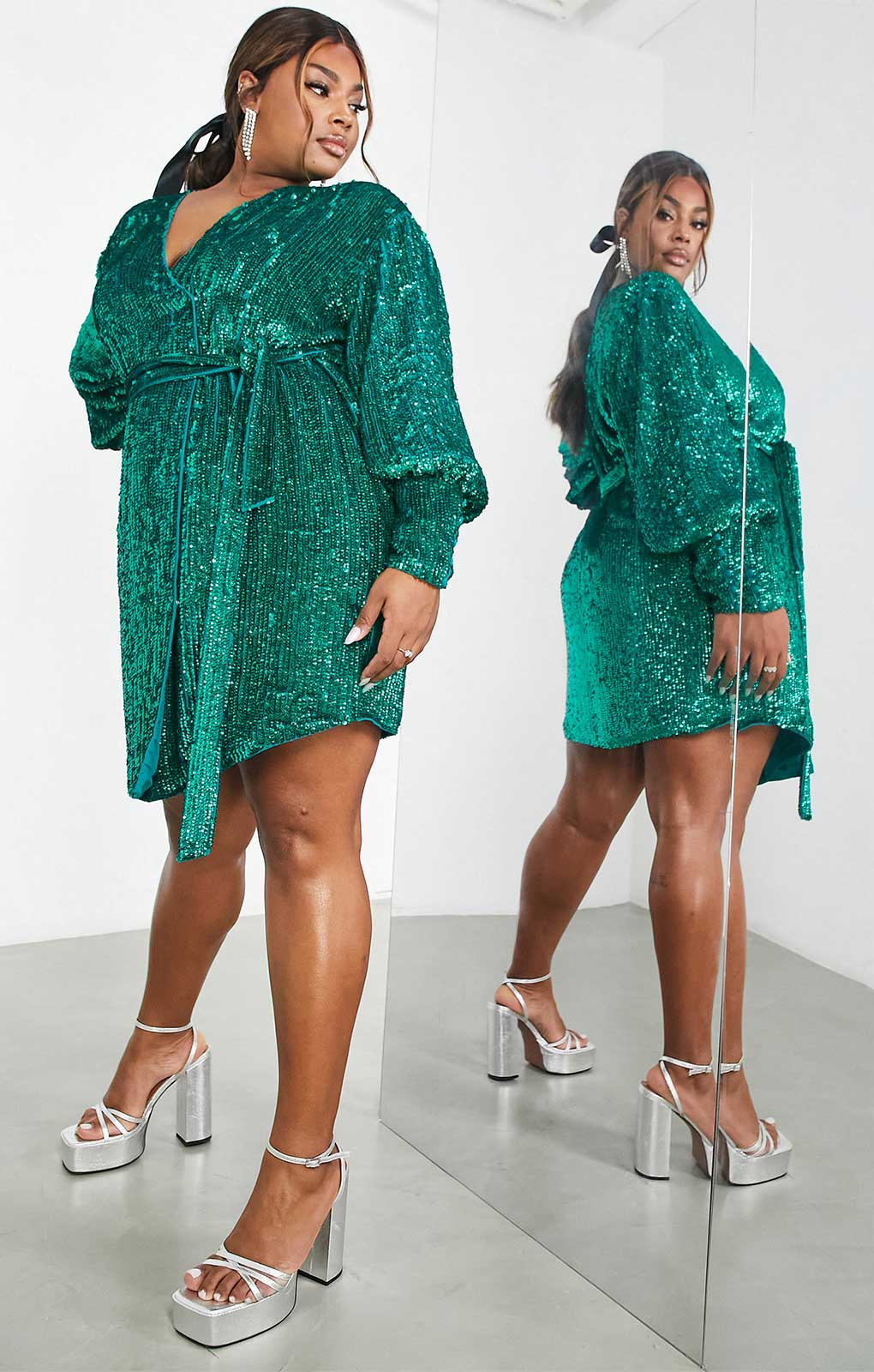 Asos Edition Curve Sequin Wrap Mini Dress In Teal Green product image