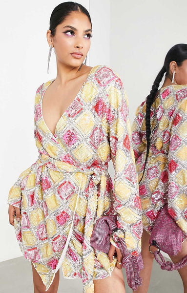 asos edition floral embellished wrap mini dress Asos Edition Embellished Belted Wrap Mini Dress In Diamond Sequin