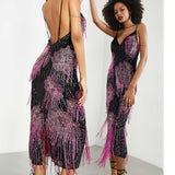 Asos Edition Embellished Cami Midi Dress With Floral Fringe In Black And Pink product image