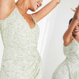 Asos Edition Embellished Drape Side Cami Maxi Dress In Sage Green