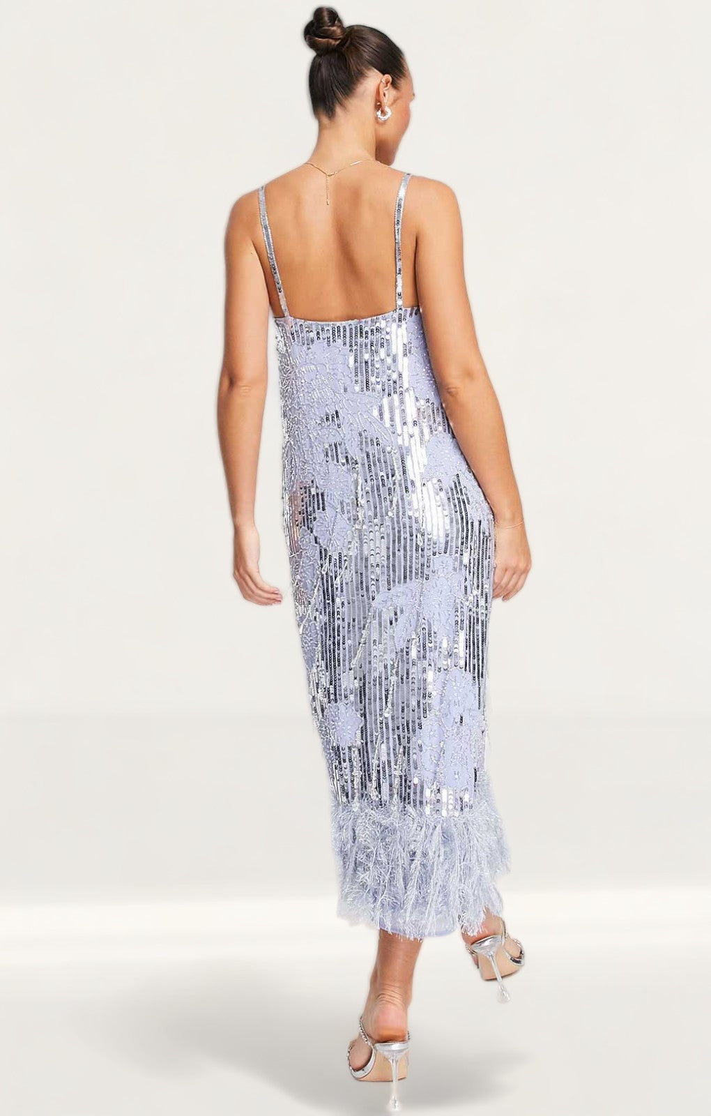 Asos Edition Floral Sequin And Bead Midi Dress With Faux Feather Hem In Violet product image