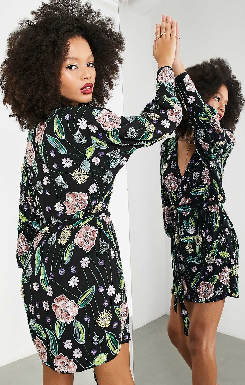 Asos Edition Floral Sequin Wrap Mini Dress In Black product image