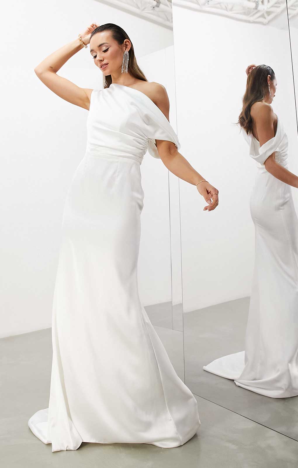 Asos Edition Larisa Satin Draped Shoulder Bodice Dress With Fishtail In Ivory product image