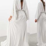 Asos Edition Lisa Drape Sleeve Plunge Wedding Dress With Floral Embellishment In Ivory product image