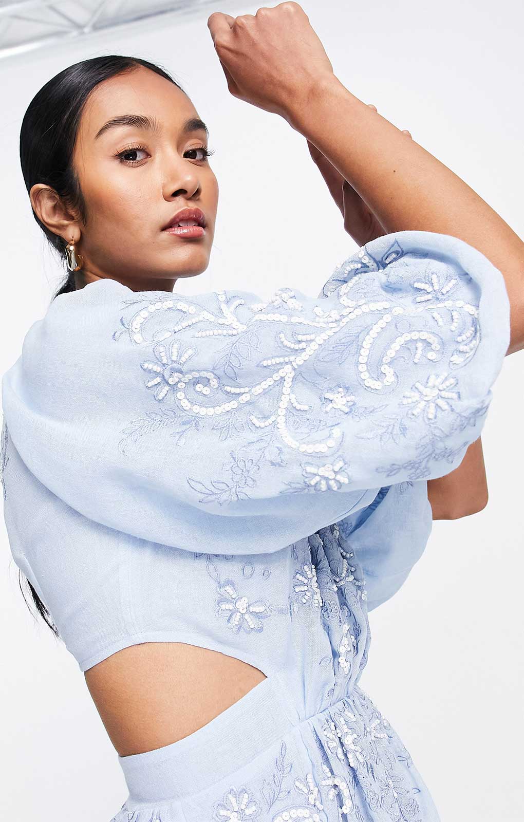 Rent Asos Edition Puff Sleeve Midi Dress With Cut Out Back And Beaded Embroidery In Blue | Hirestreet Rent Asos Edition Puff Sleeve Midi Dress With Cut Out Back And Beaded Embroidery In Blue | Hirestreet