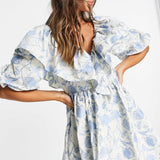 Asos Edition Ruffle Detail Mini Smock Dress In Blue Floral Jacquard