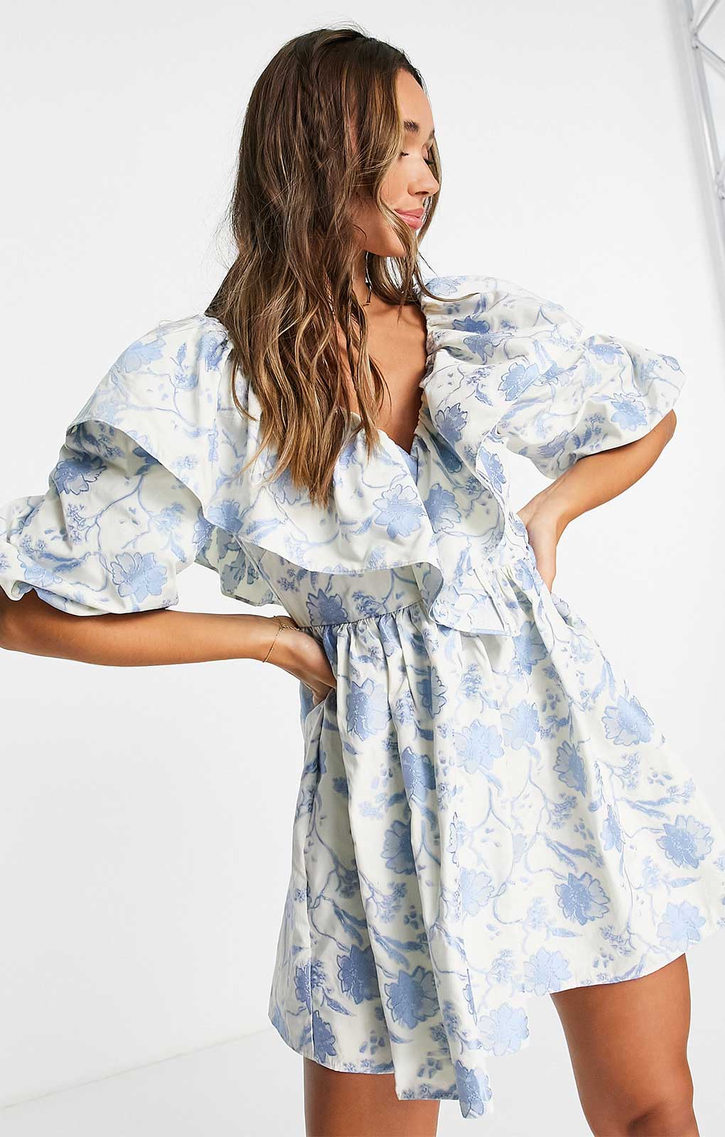 Asos Edition Ruffle Detail Mini Smock Dress In Blue Floral Jacquard