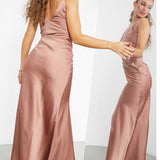 Asos Edition Satin Cami Maxi Dress With Drape Detail In Cinnamon Rose