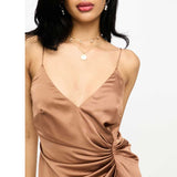 Asos Edition Satin Cami Maxi Dress With Drape Detail In Mocha Brown product image