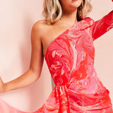 Asos Luxe Exaggerated Shoulder Ruched Front Drape Mini Dress In Pink Swirl Print