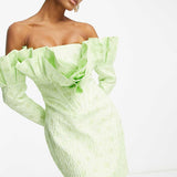 Asos Luxe Jacquard Bardot Fan Top Long Sleeve Mini Dress In Green Print product image