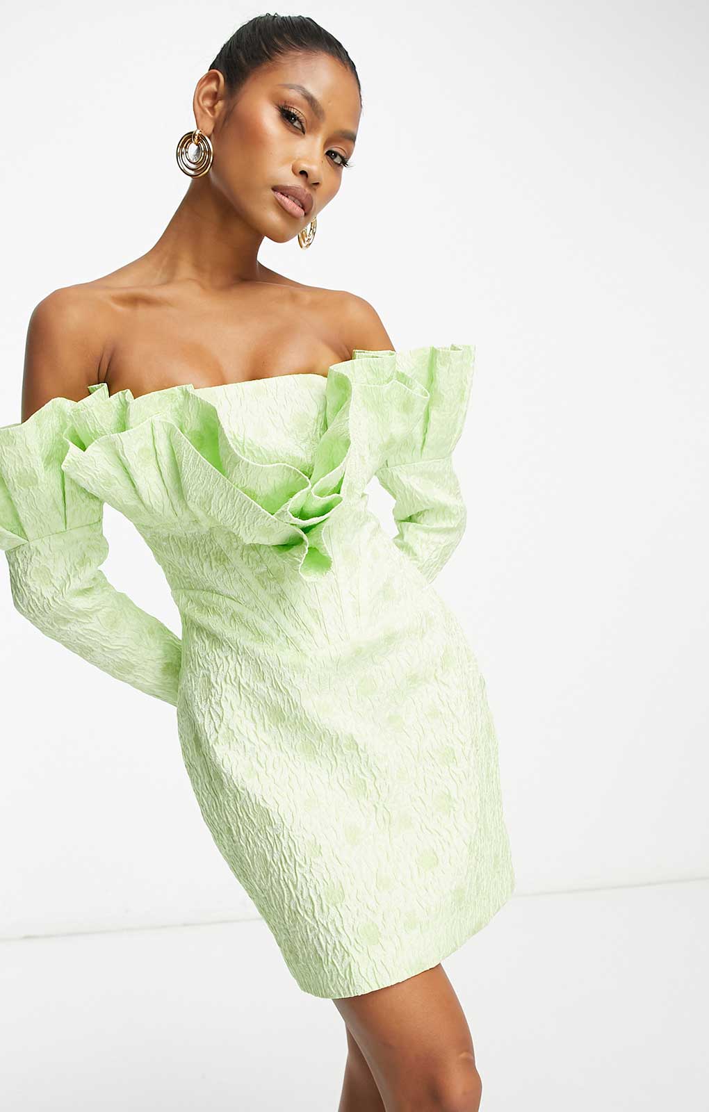 Rent Asos Luxe Jacquard Bardot Fan Top Long Sleeve Mini Dress In Green Print | Hirestreet Rent Asos Luxe Jacquard Bardot Fan Top Long Sleeve Mini Dress In Green Print | Hirestreet
