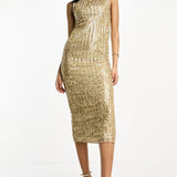 Asos Design High Neck Embellished Midi Dress In Plisse Sequin In Gold