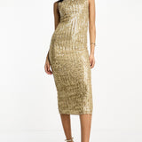 Asos Design High Neck Embellished Midi Dress In Plisse Sequin In Gold product image