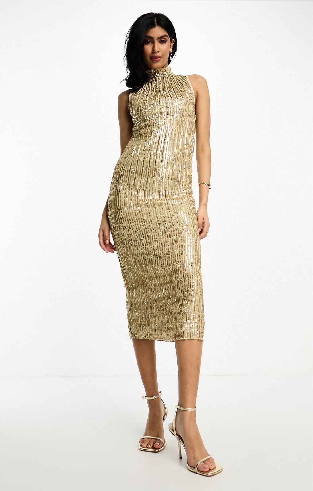 Asos Design High Neck Embellished Midi Dress In Plisse Sequin In Gold