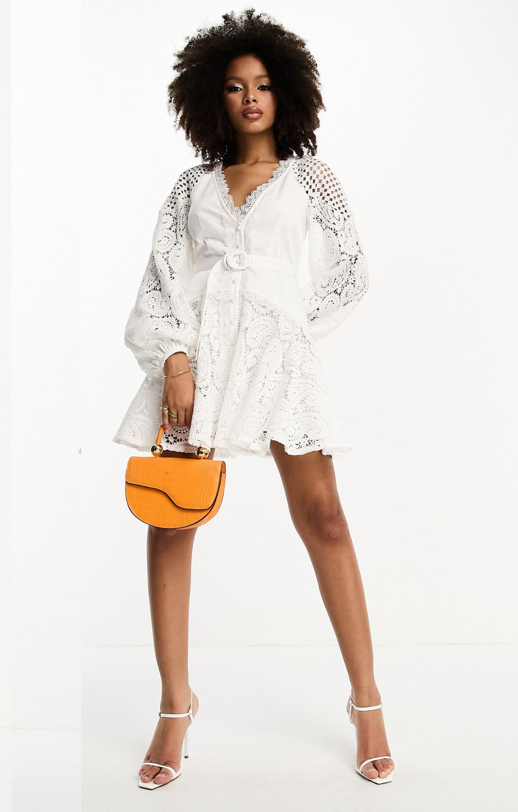 Asos Design Lace Insert Belted Mini Dress With Button Detail In White product image