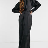 Asos Design Satin Maxi Dress With Batwing Sleeve And Wrap Waist In Black