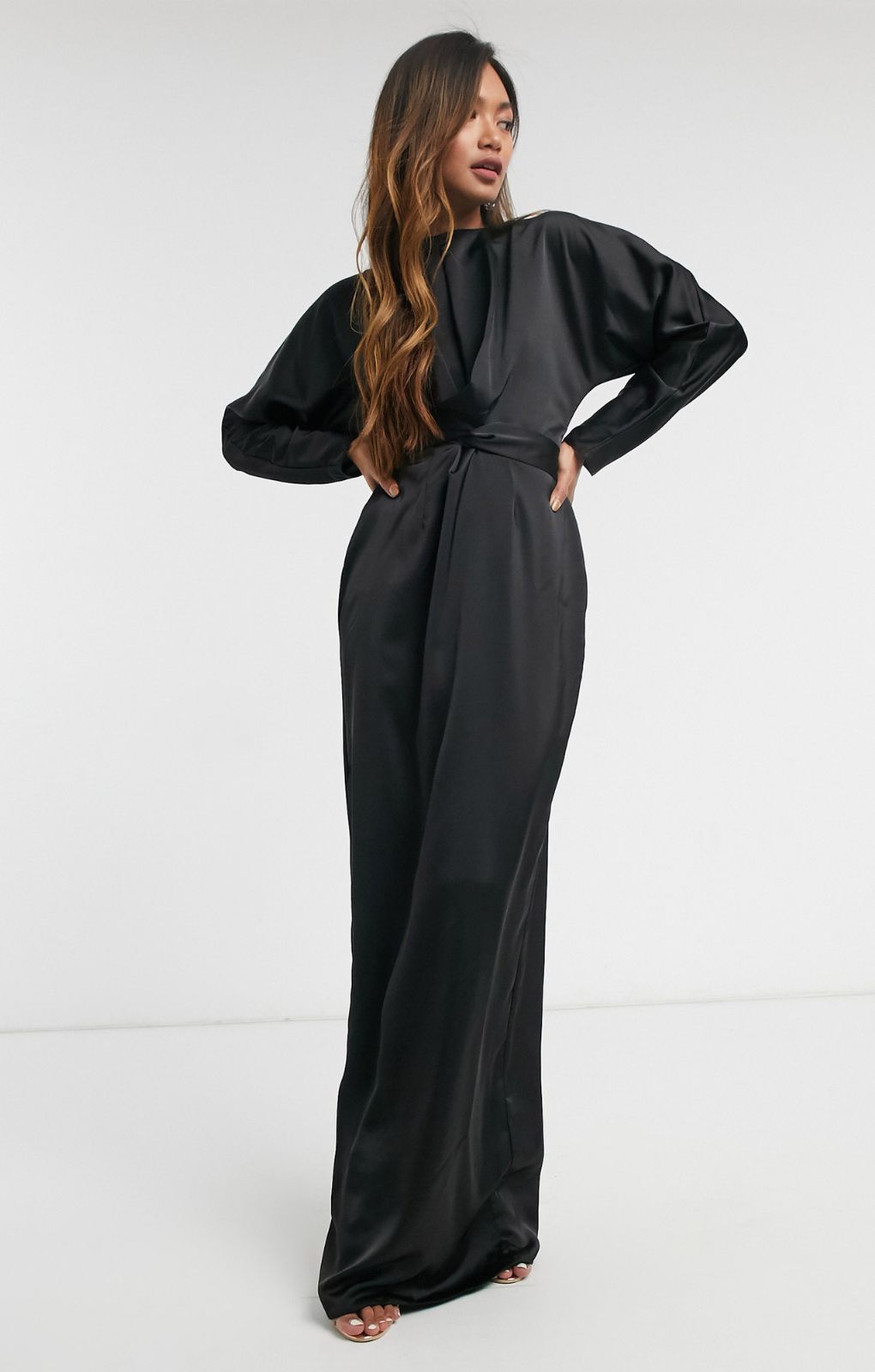 Asos Design Satin Maxi Dress With Batwing Sleeve And Wrap Waist In Black