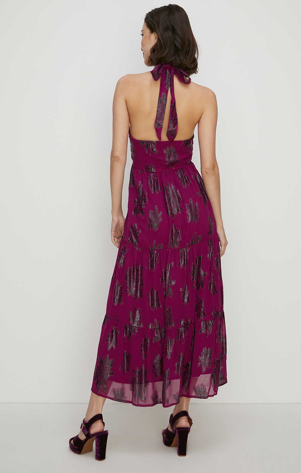 Oasis Berry Tiered Halter Neck Metallic Dress product image