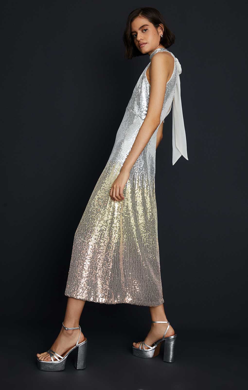 Rent Oasis Hand Embellished Ombre Sequin Halter Midi Dress | Hirestreet Rent Oasis Hand Embellished Ombre Sequin Halter Midi Dress | Hirestreet