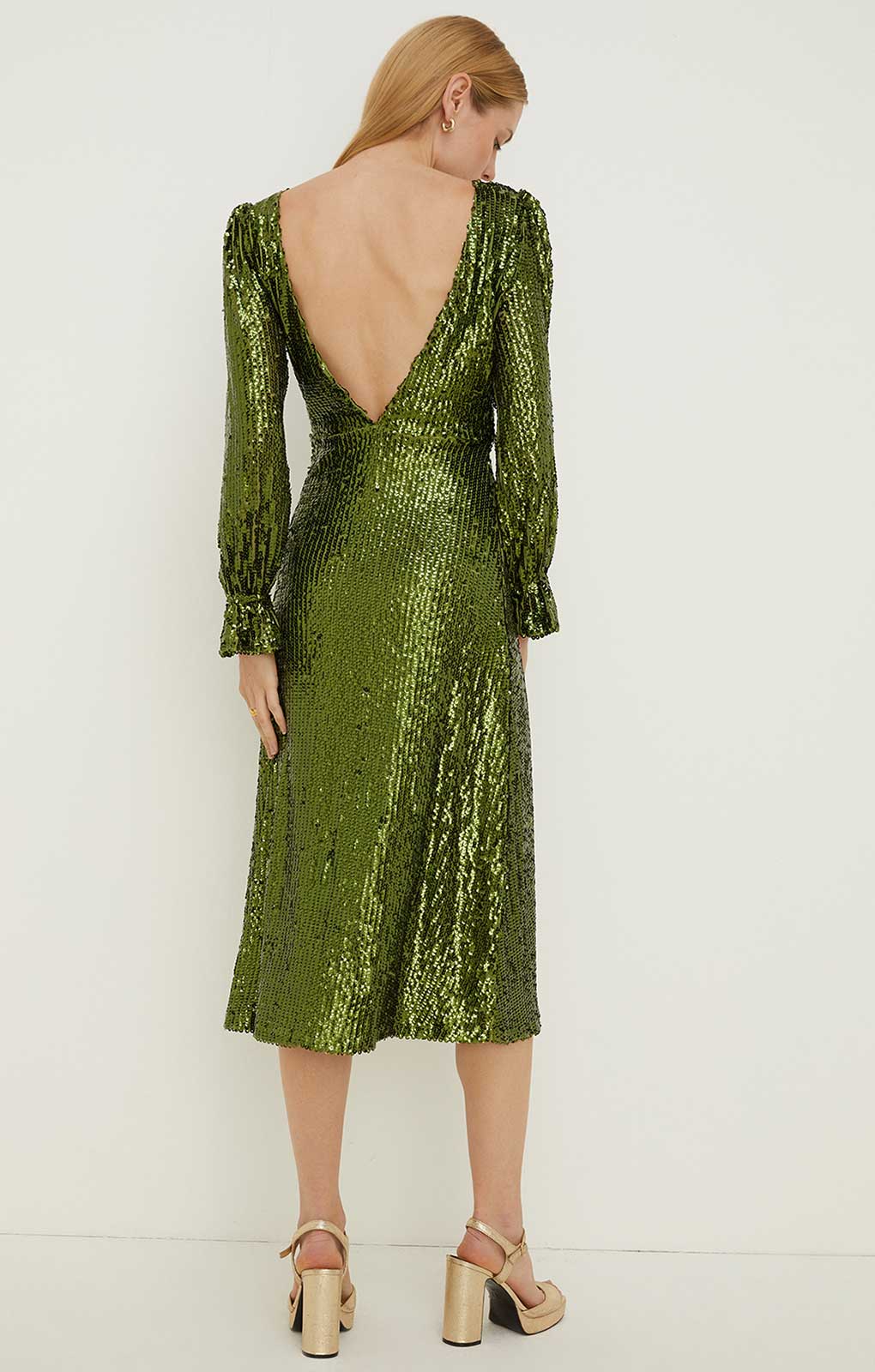 Oasis Rachel Stevens Sequin V Back Long Sleeve Midi Dress