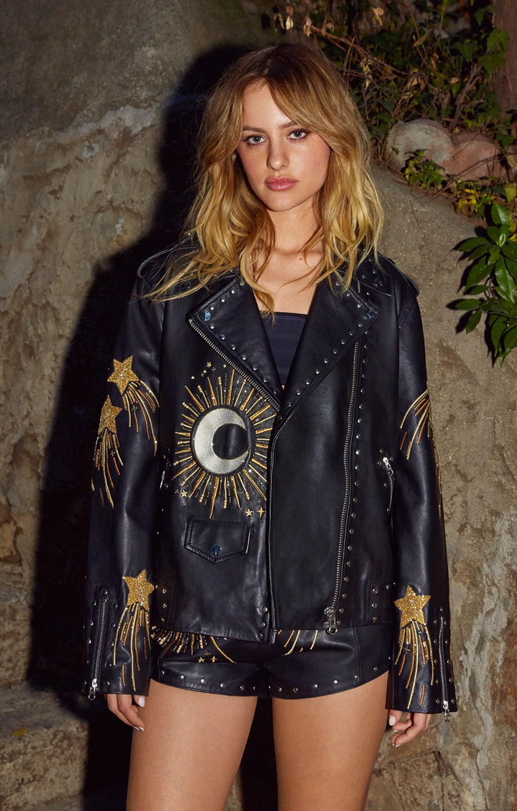Nasty Gal Real Leather Star and Moon Embroidered Jacket