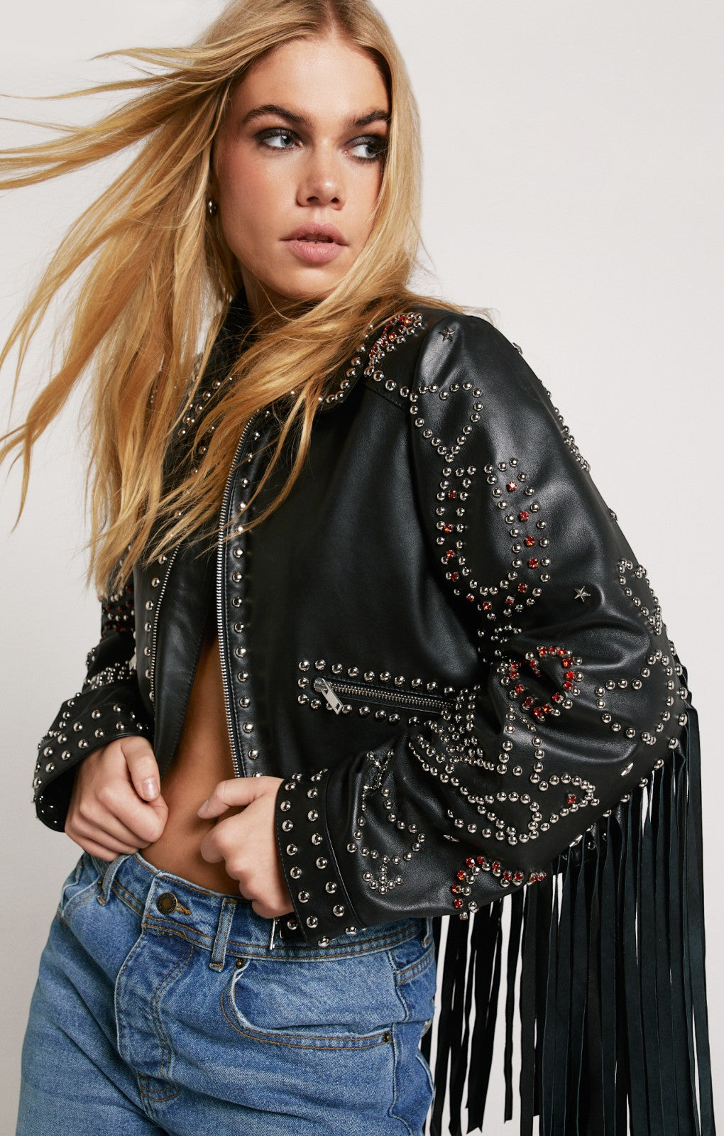Nasty Gal Real Leather Studded Fringe Jacket
