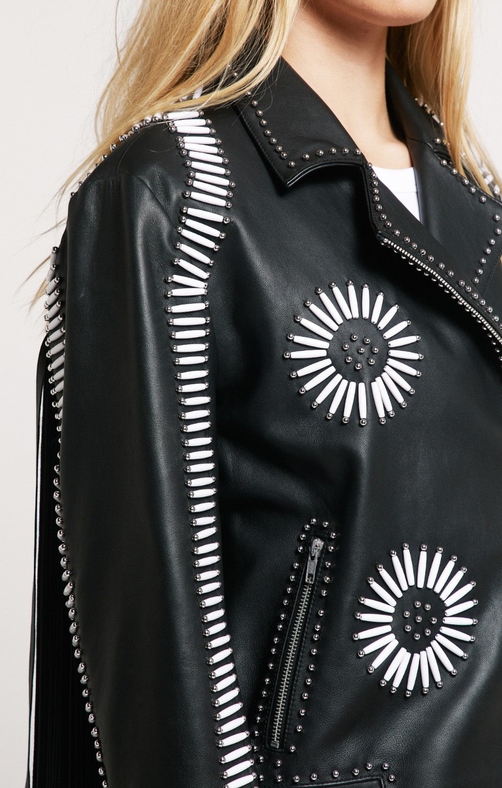 Nasty Gal Real Leather Embroidered Fringe Biker Jacket
