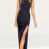 Bianca & Bridgett Navy Lauren Maxi Thigh Split Velvet Dress product image