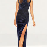 Bianca & Bridgett Navy Lauren Maxi Thigh Split Velvet Dress