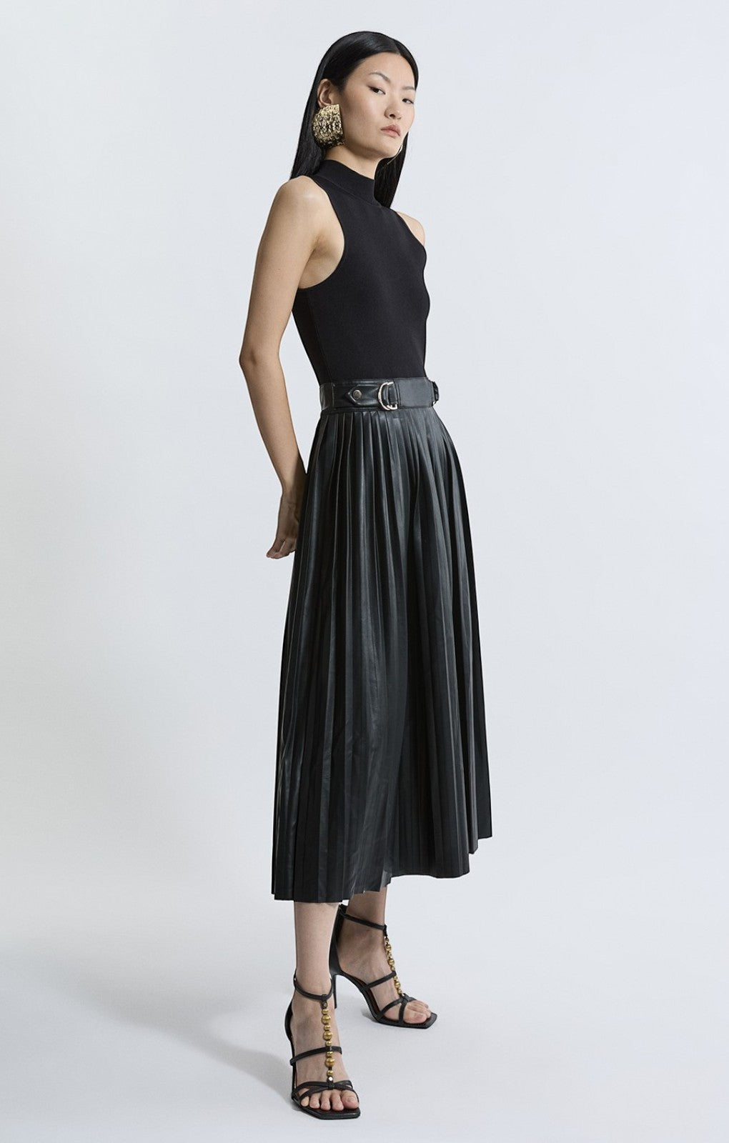 Karen Millen Black Knitted Midi Dress With Pu Detailing